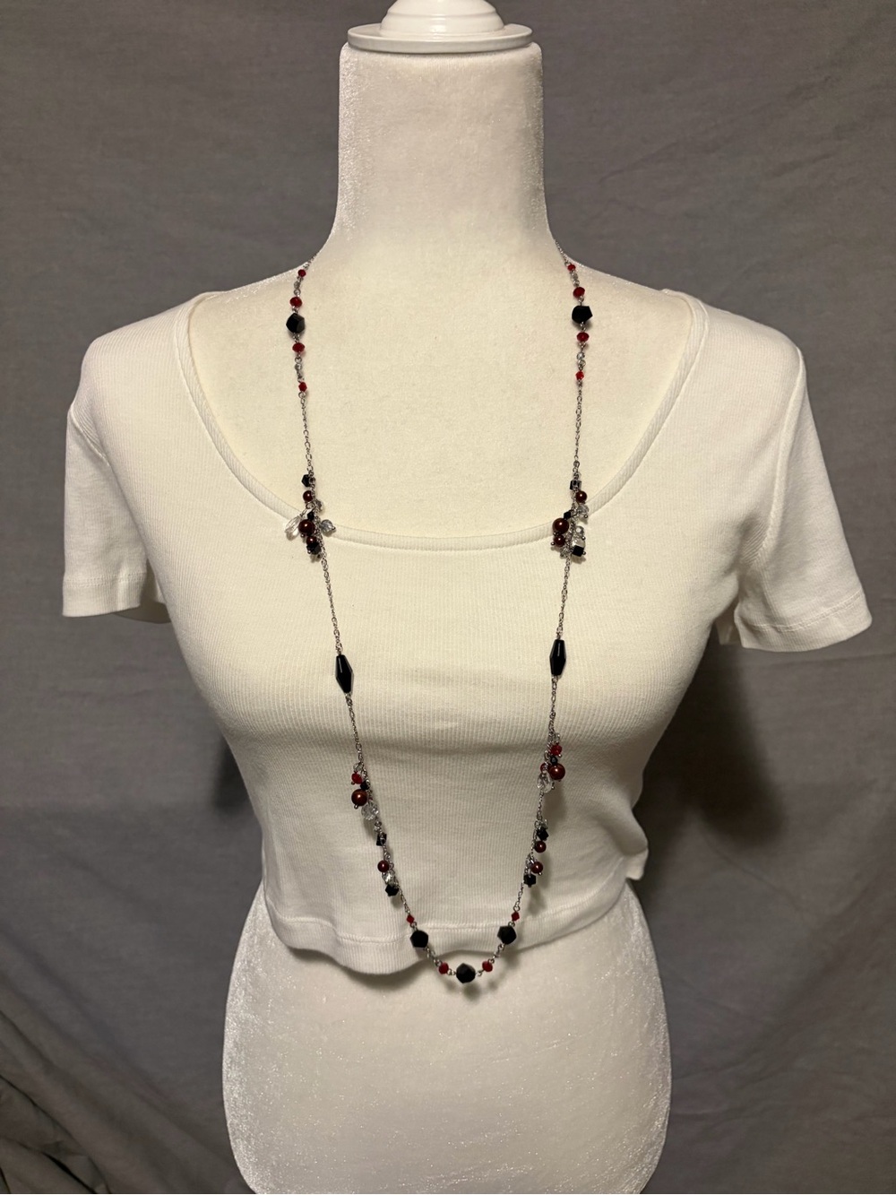 White House Black Market Long Beaded Layered Necklace - Red and Black